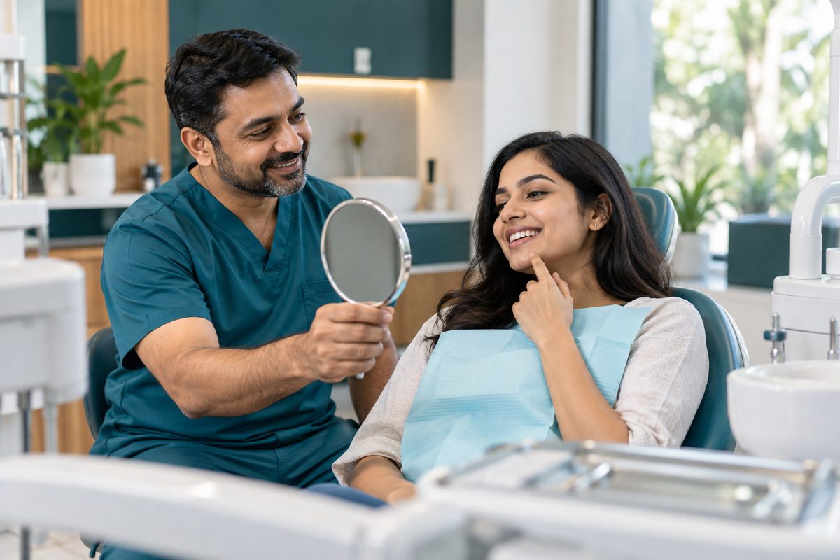dentist discussing gum depigmentation with a patient