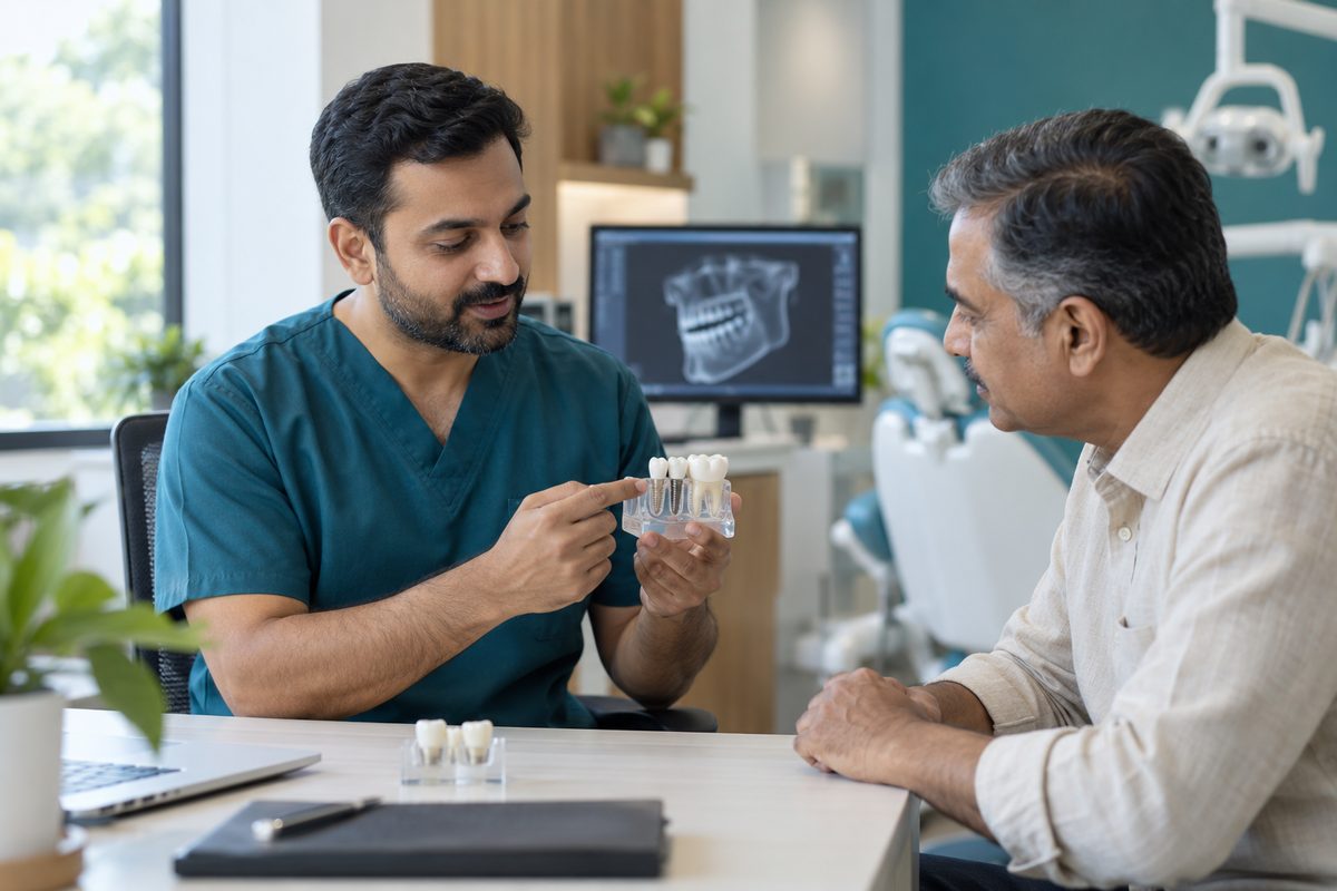 dentist explaining a bone graft before a dental implant using a jaw model