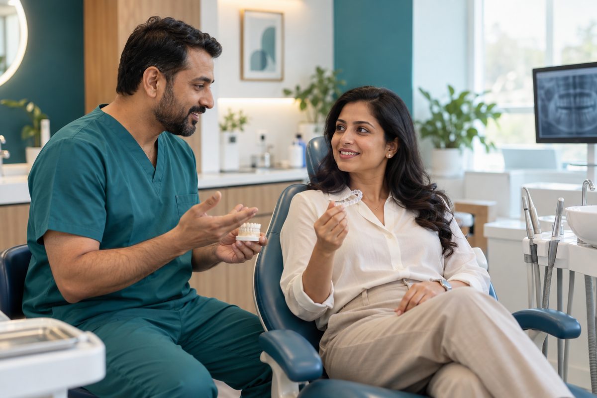 adult patient discussing braces and clear aligners with a dentist in Lucknow