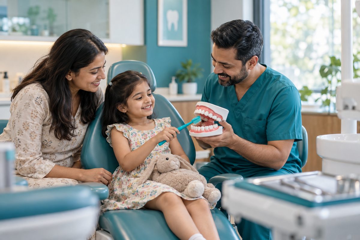 dentist explaining milk teeth care to a parent and child in Lucknow
