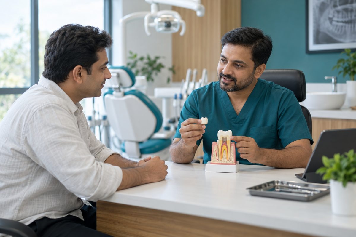 dentist explaining a crown after root canal treatment