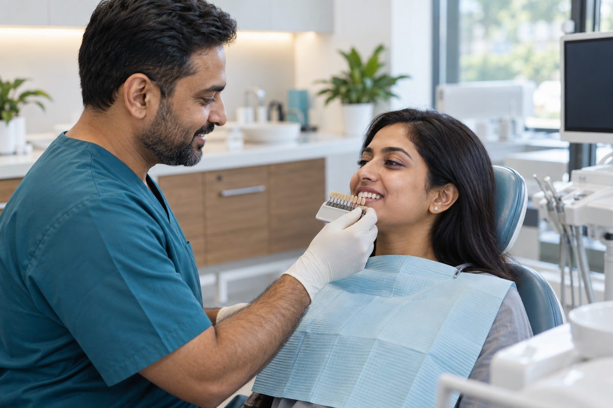 dentist fitting a dental crown for a patient