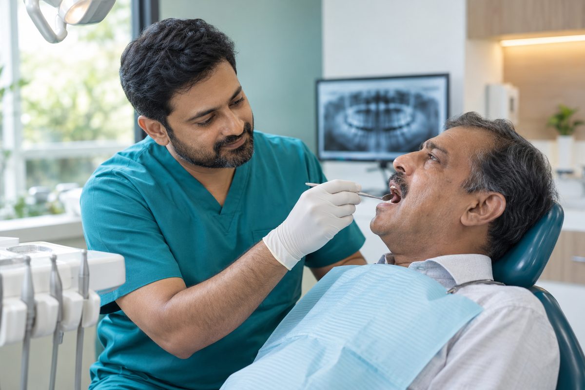 dentist checking a patient's dental implant at a follow-up visit