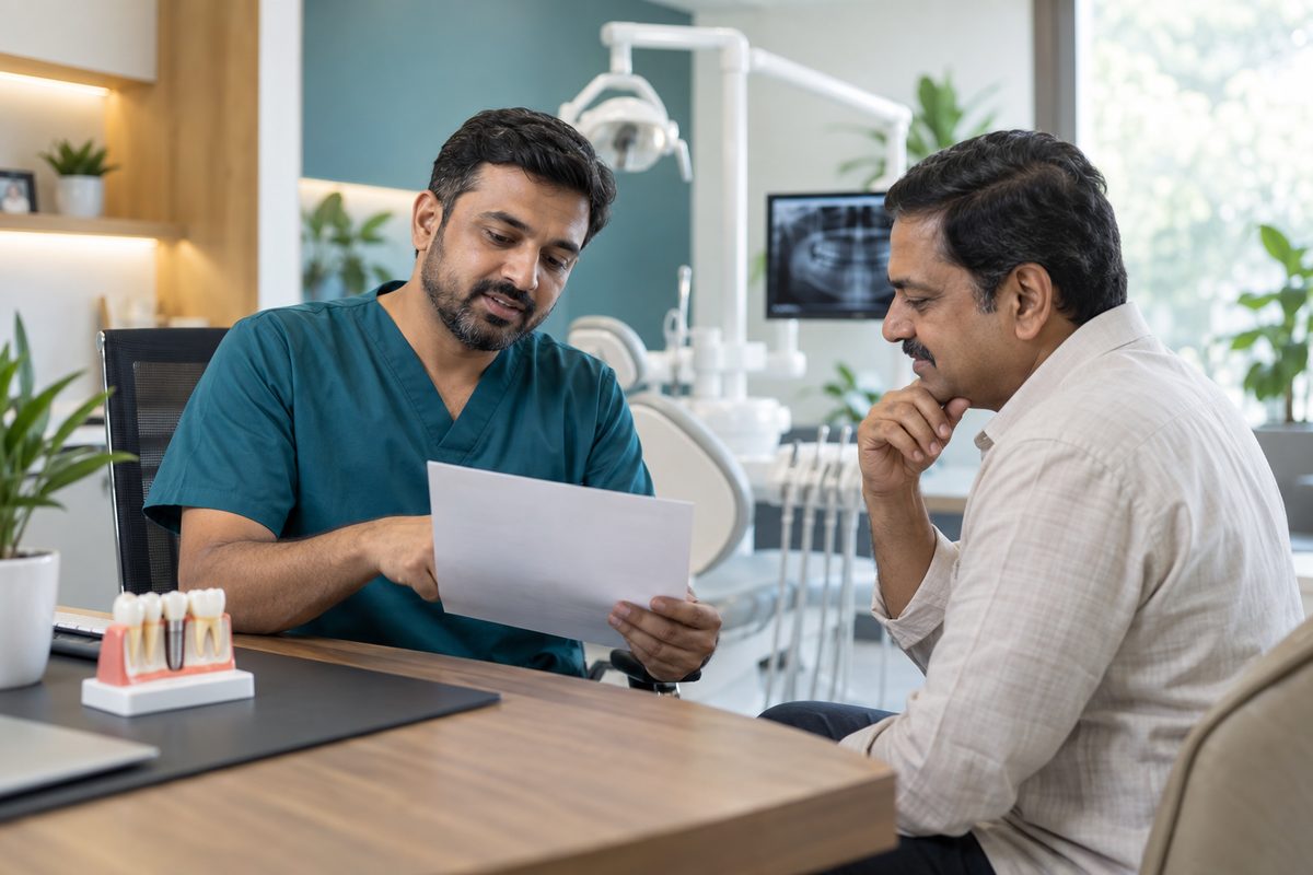 dentist discussing dental implants with a diabetic patient