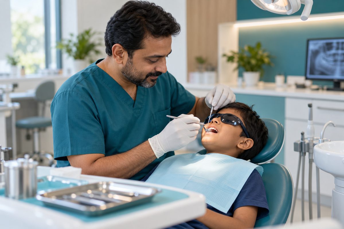 child having dental sealants applied by the dentist