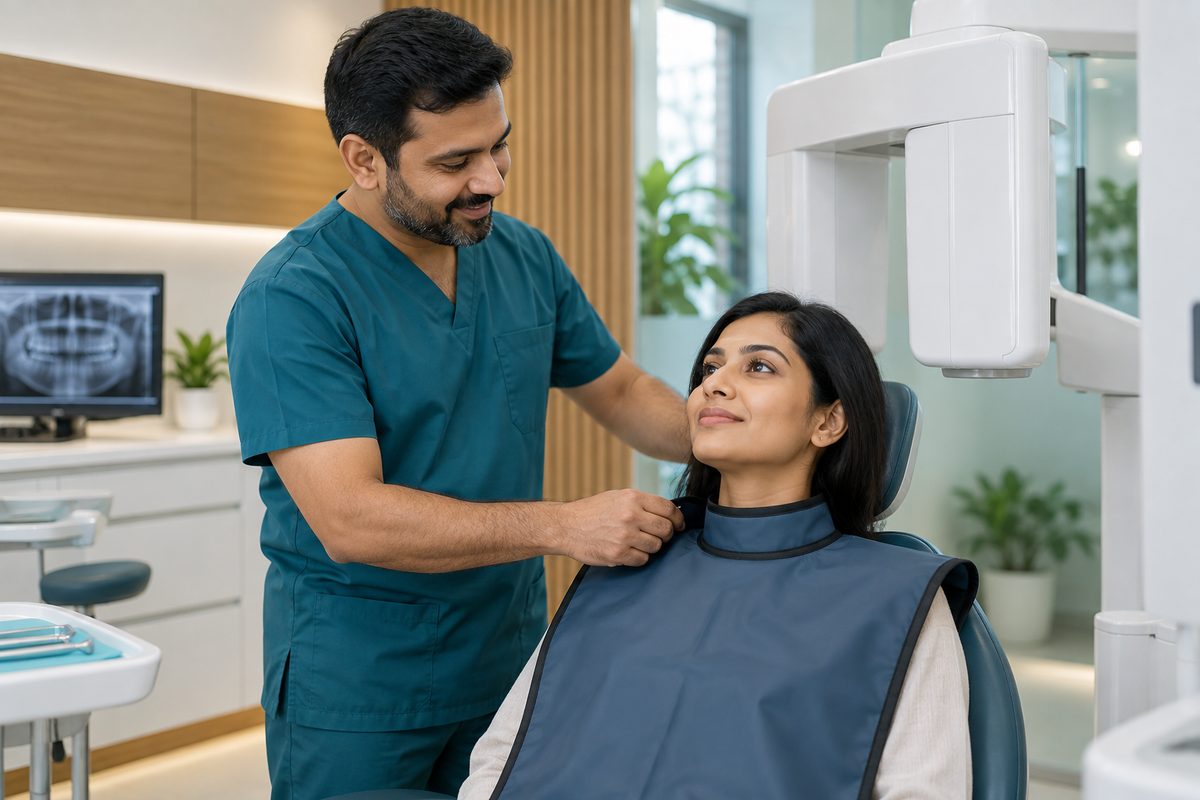 dentist preparing a patient for a dental X-ray with a lead apron