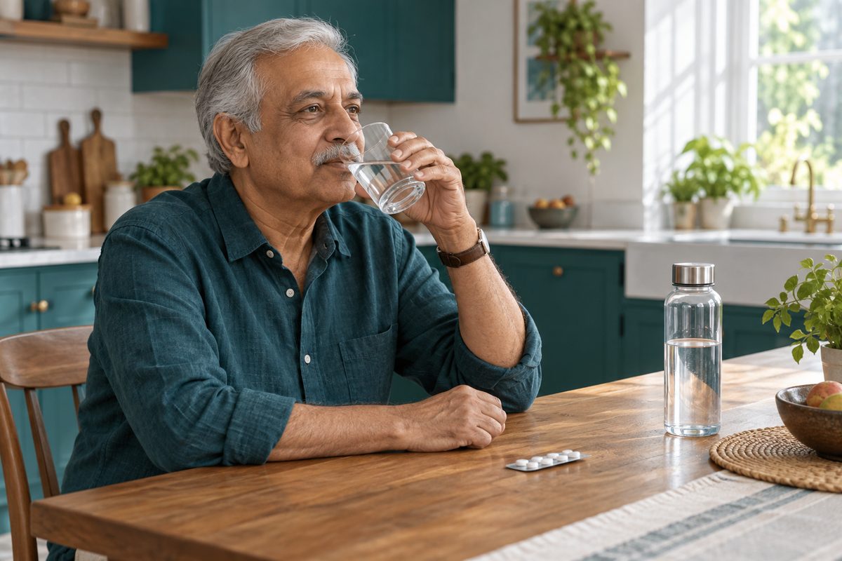 older man drinking water for dry mouth relief