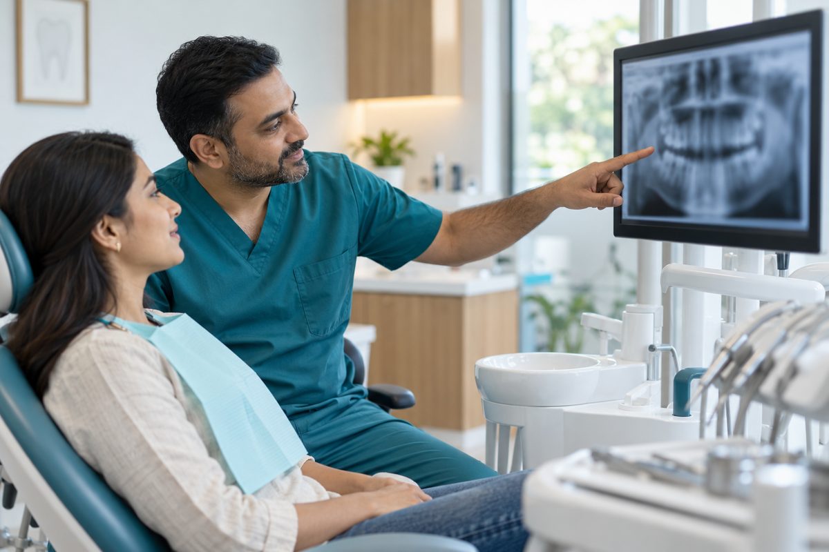 dentist showing a patient early tooth decay on a screen
