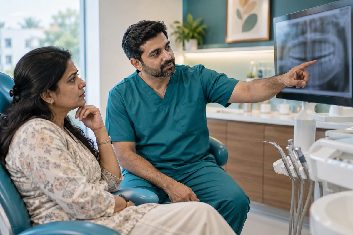 dentist reviewing an X-ray of a failed root canal with a patient
