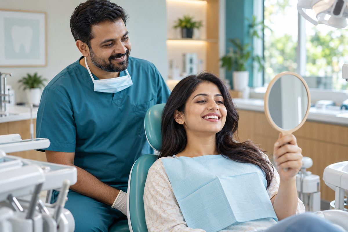 woman smiling after closing the gap between her front teeth