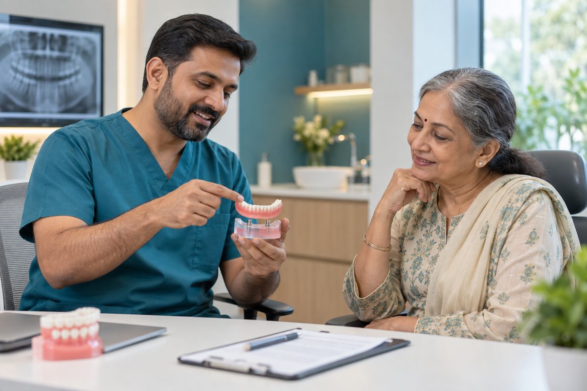 dentist showing an implant-supported denture model to an older patient
