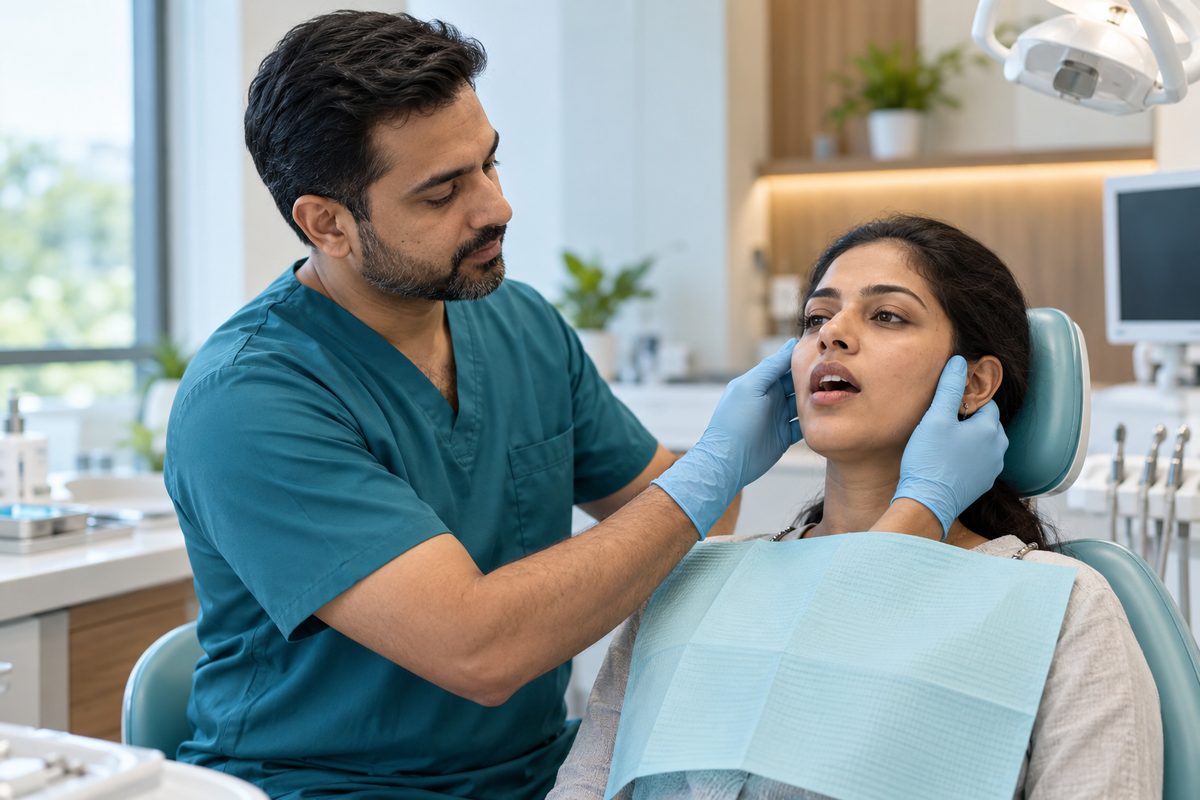 dentist examining a patient's jaw joint