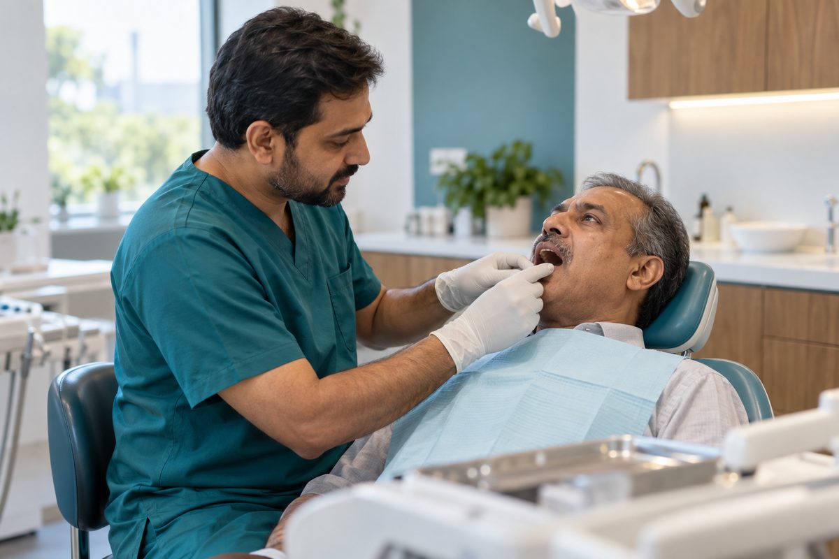 dentist checking a loose tooth in an adult patient
