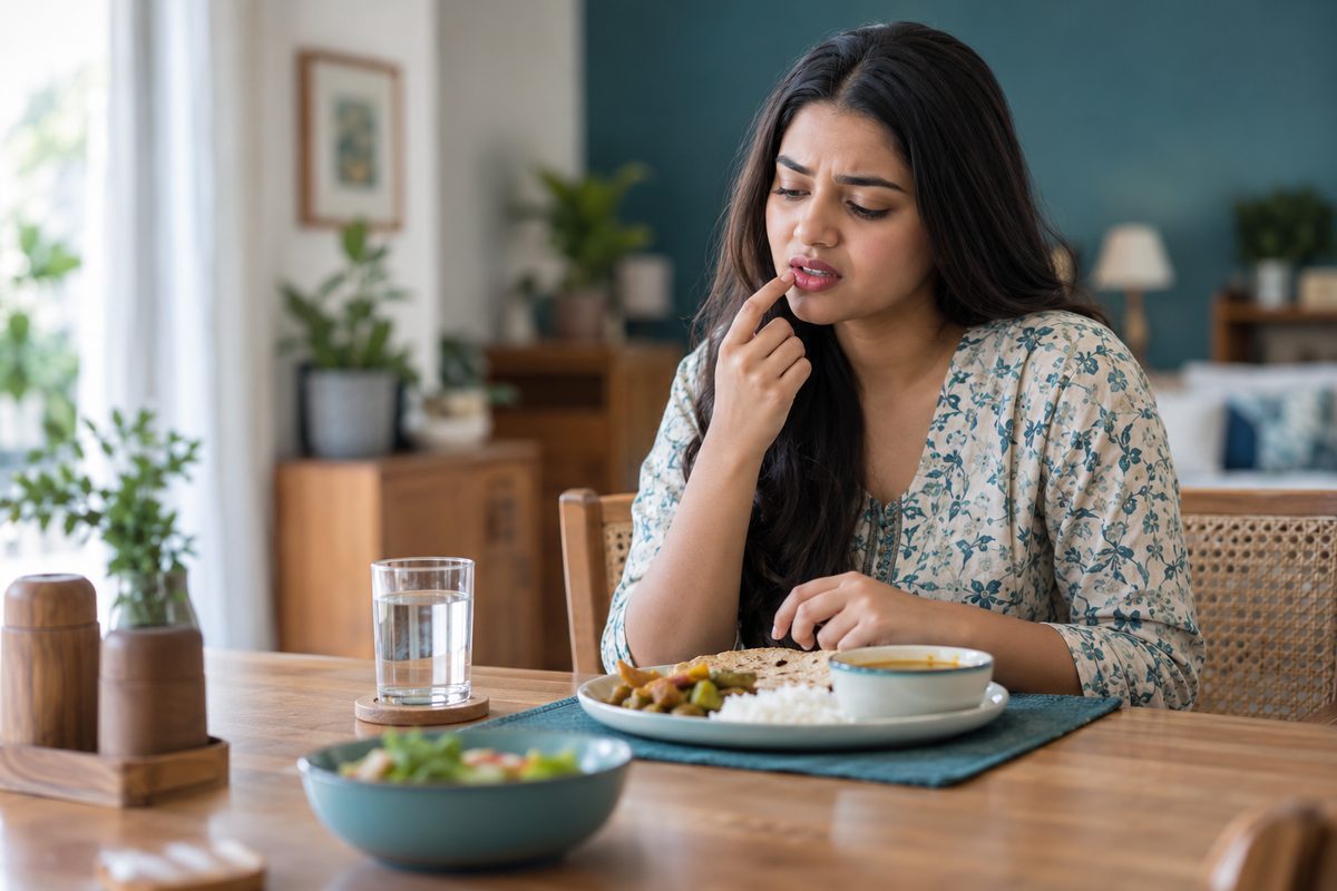 woman with a painful mouth ulcer at home