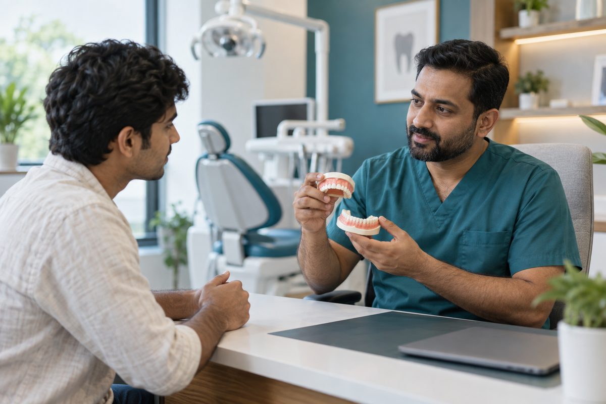 dentist explaining bite problems with dental models