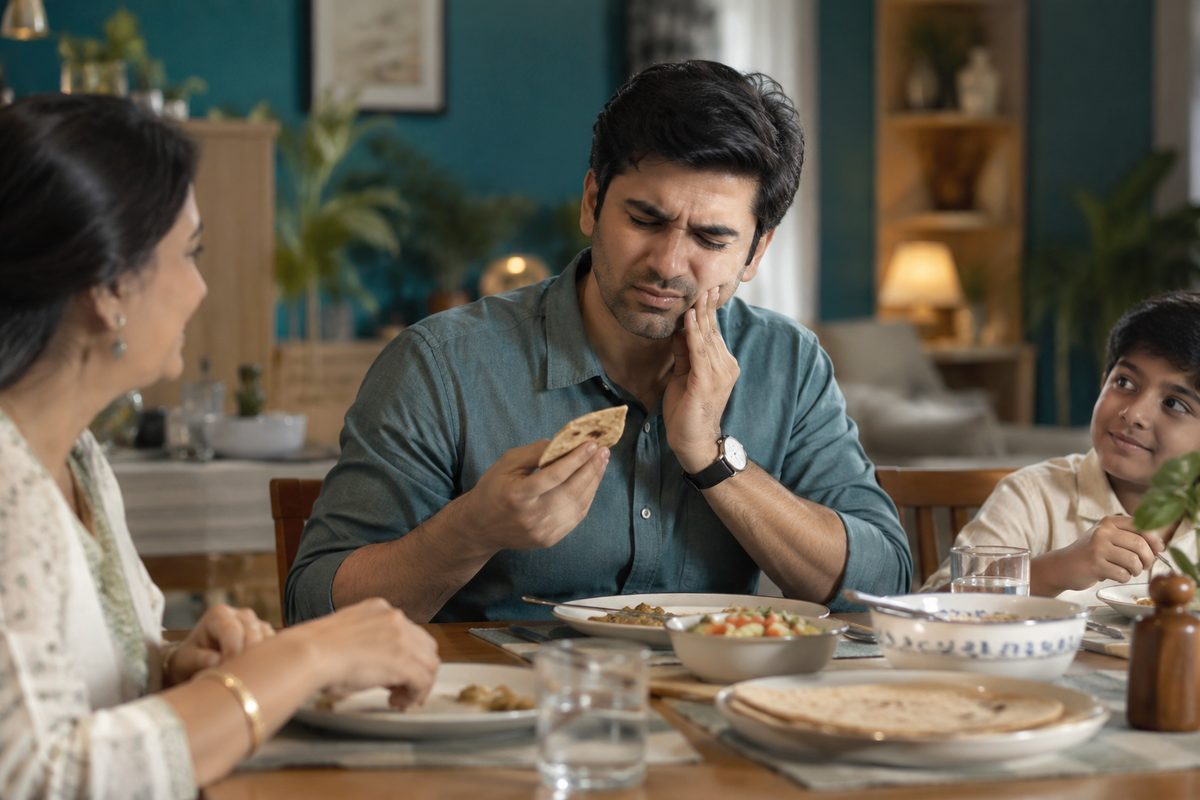 man feeling tooth pain when biting food