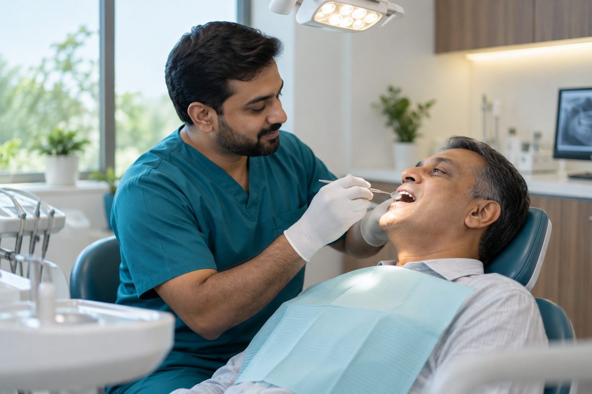 dentist examining gums for pyorrhea