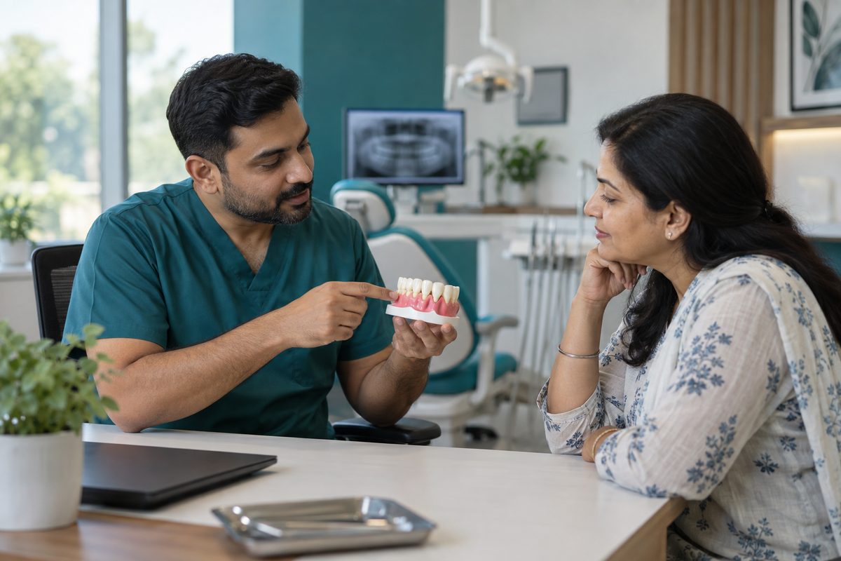 dentist explaining receding gums treatment to a patient in Lucknow