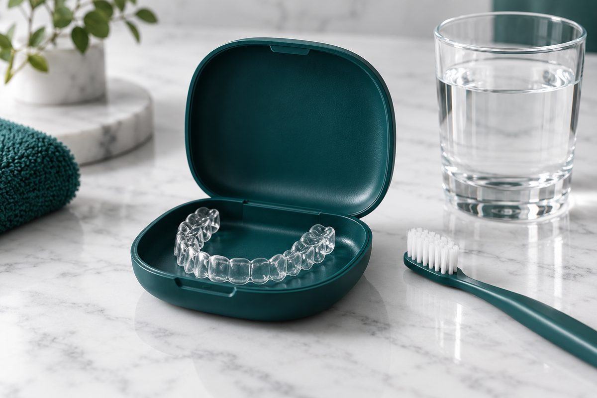clear removable retainer in its case after braces treatment