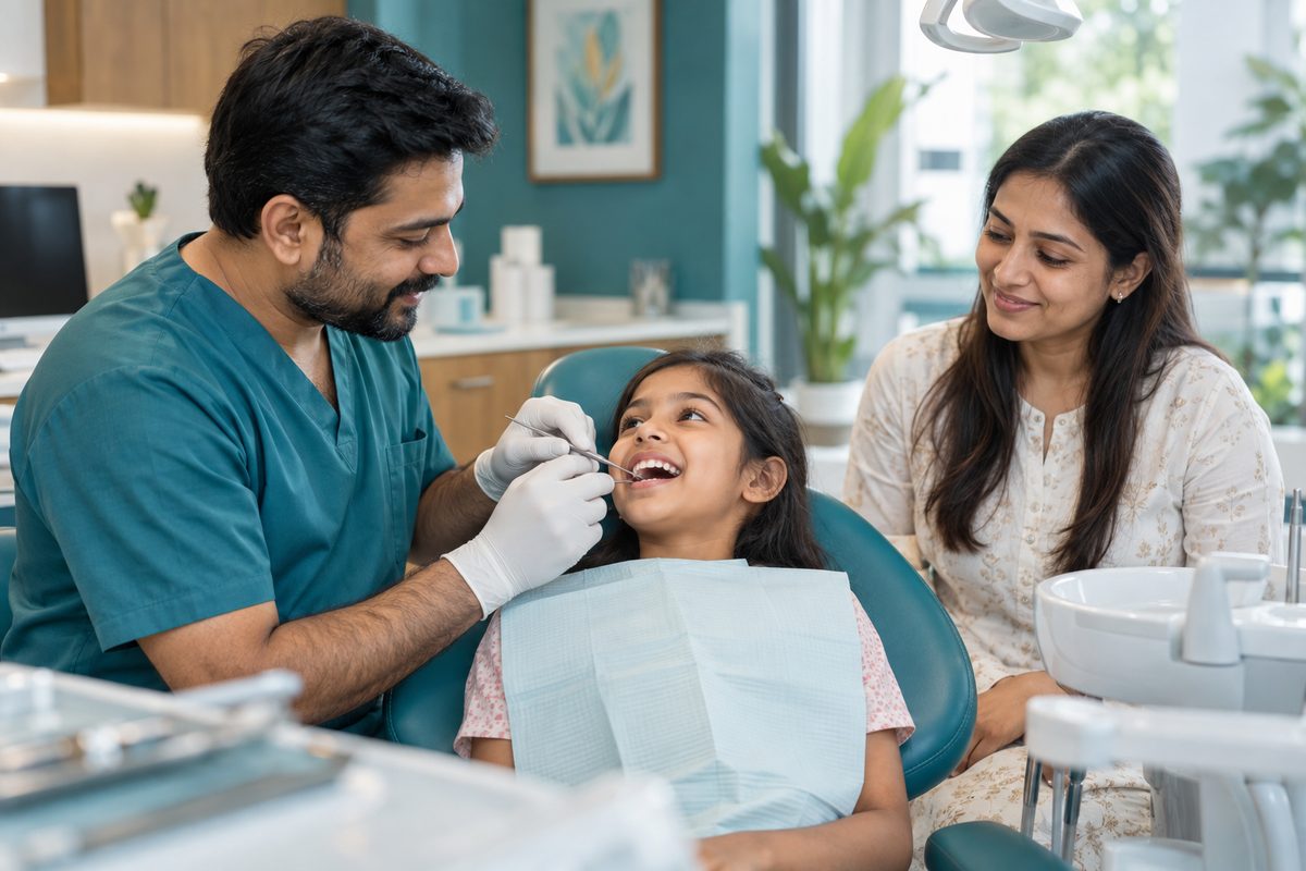 dentist checking a child's teeth for braces