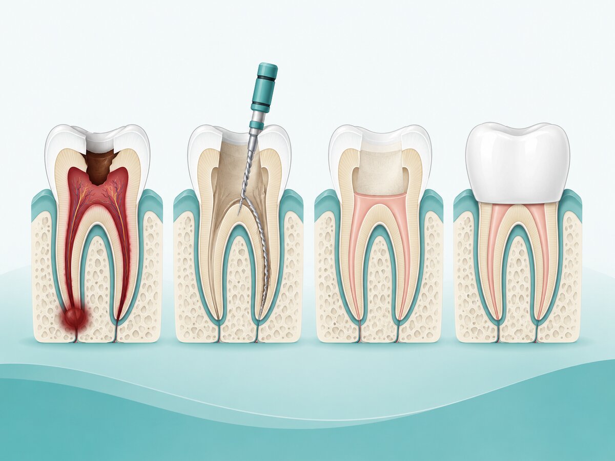 Root canal treatment stages diagram - infected tooth pulp, rotary file cleaning, filled canals and protective crown