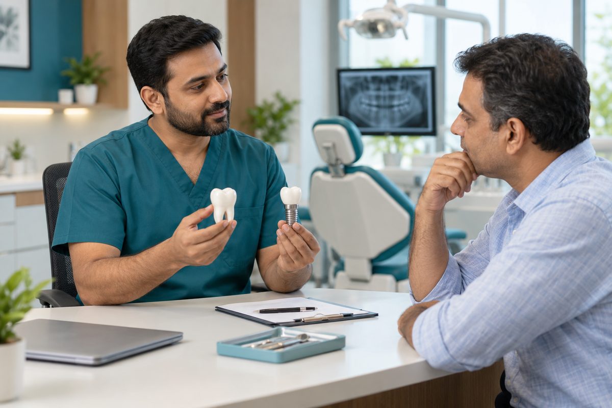 dentist comparing root canal and implant options with a patient