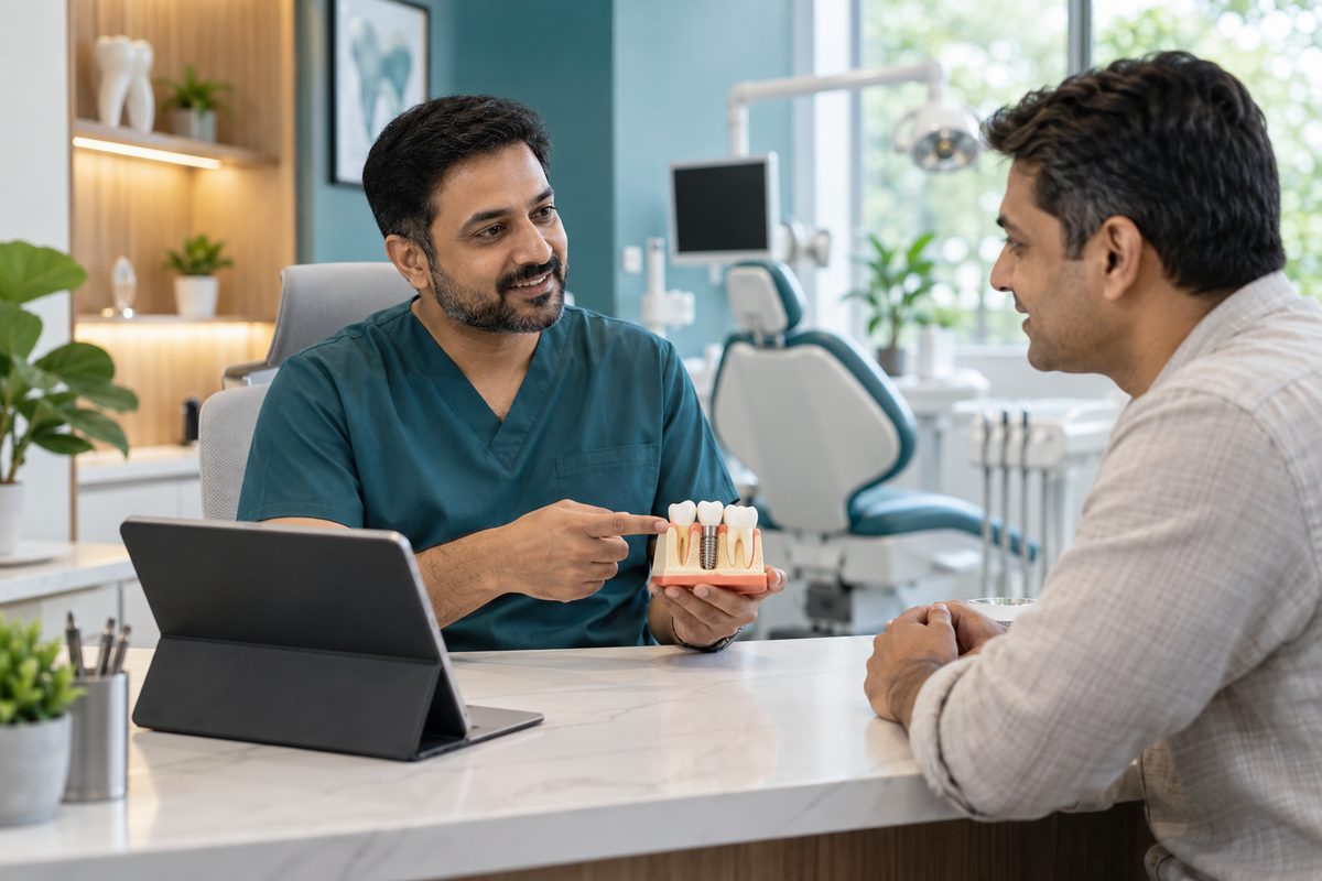 patient discussing same-day dental implants with the dentist