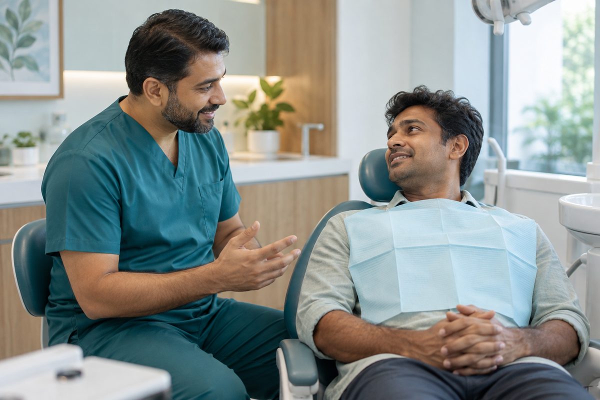 gentle dentist calming a nervous patient before treatment in Lucknow