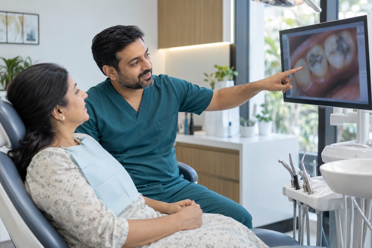 dentist discussing replacing old silver fillings
