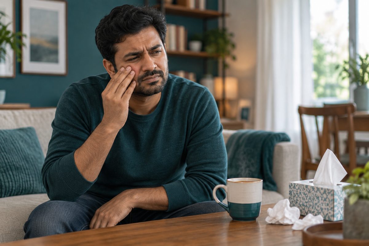 man with sinus pain and aching upper teeth