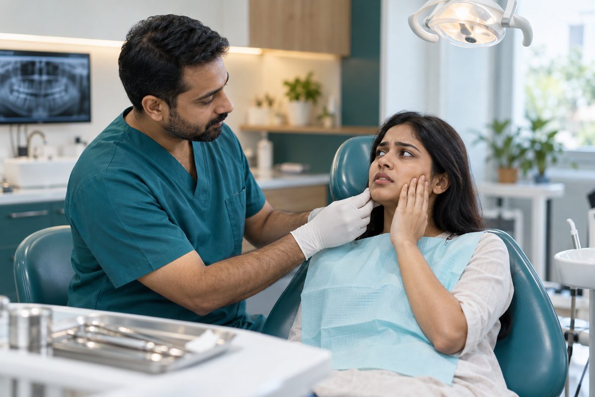 dentist examining a patient with a swollen gum from a tooth abscess in Lucknow