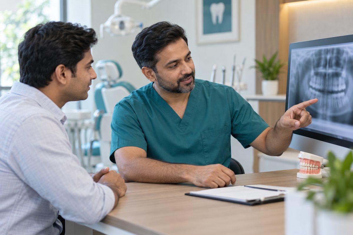 dentist explaining tooth extraction cost with an X-ray