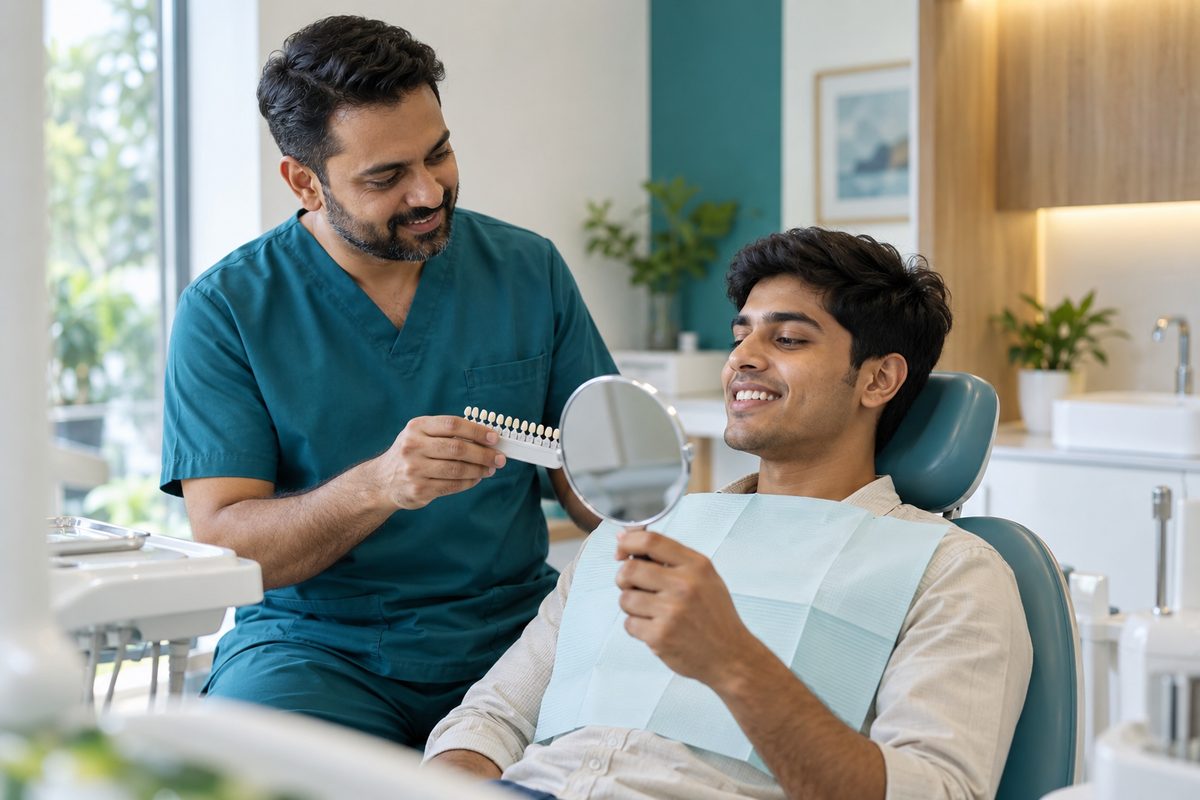dentist discussing white spots on teeth with a young patient